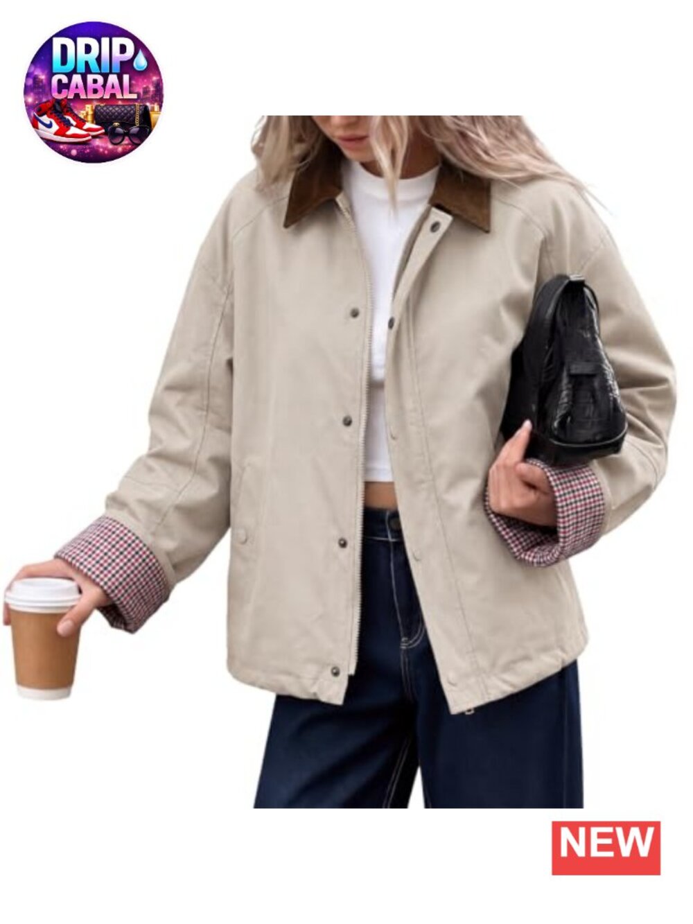 Women Barn Jacket Contrast Collar Plaid Cuff Zip Up Coat Lightweight